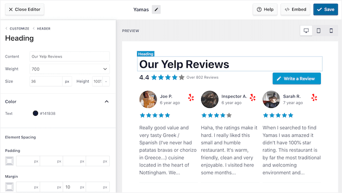 Adding a custom header to a Yelp, Facebook or Google review feed Adding a custom header to a Yelp, Facebook or Google review feed