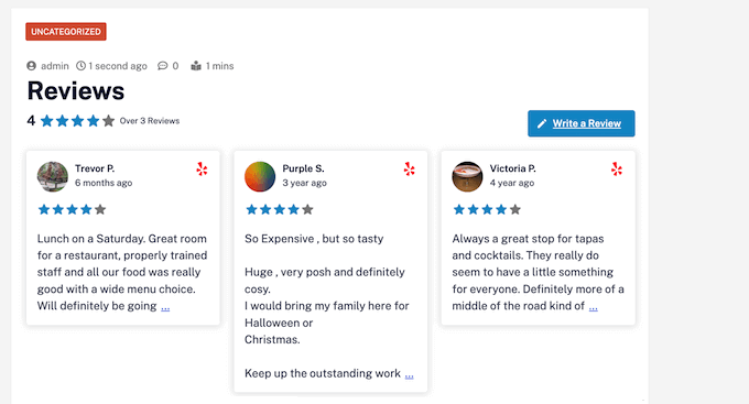 Un esempio di feed di recensioni incorporato, creato utilizzando Smash Balloon Un esempio di feed di recensioni incorporato, creato utilizzando Smash Balloon