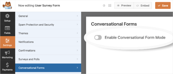 wpforms-usersurvey-settings-conversationalforms-enabled Konversationsmodus in WPForms aktivieren
