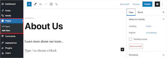 Adding a new page WordPress page editor screen