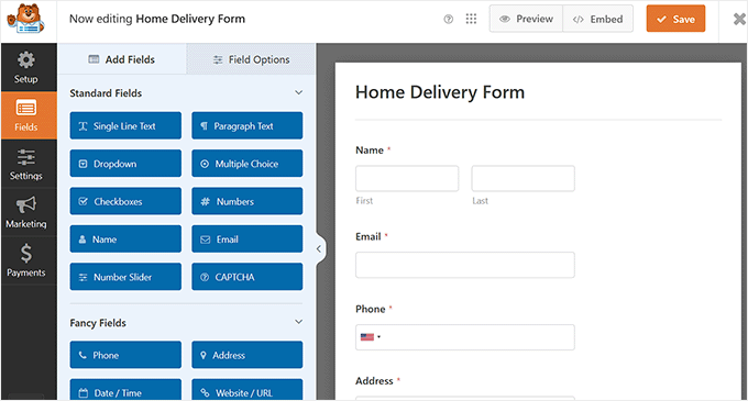 Order form in the WPForms drag and drop editor Order form in the WPForms drag and drop editor