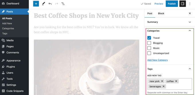 Adding categories and tags when creating a post Adding categories and tags when creating a post