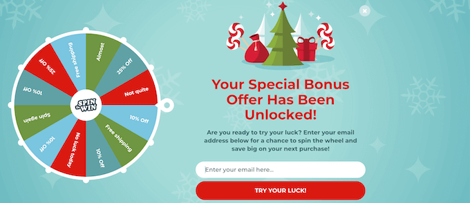 An example of a spin-to-win popup, created using OptinMonster An example of a spin-to-win popup, created using OptinMonster