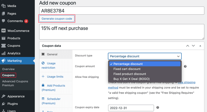 1timecouponaddnewcouponpage Enter a Code and Description for the Coupon