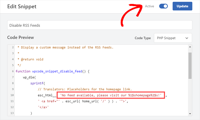 The WPCode snippet to Disable RSS feeds The WPCode snippet to Disable RSS feeds