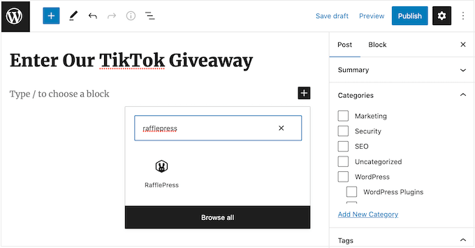 The RafflePress WordPress block The RafflePress WordPress block