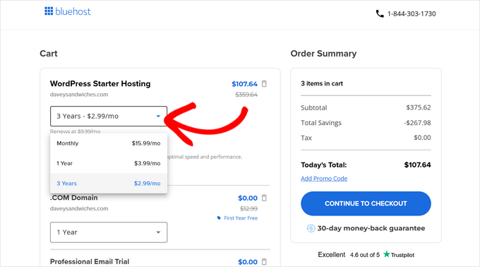 Select Bluehost plan duration Select Bluehost plan duration