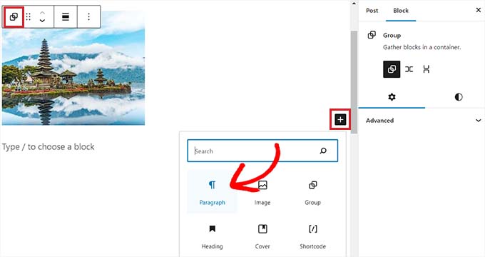Abrir o menu de blocos para adicionar outro bloco dentro do bloco Agrupar Abrir o menu de blocos para adicionar outro bloco dentro do bloco Agrupar