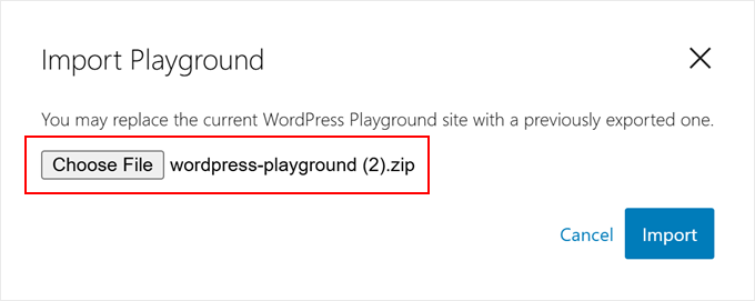 Uploading a WordPress Playground zip file Uploading a WordPress Playground zip file