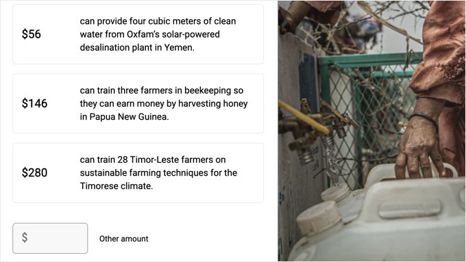 Mostra cosa possono realizzare diversi importi di donazione Mostra cosa possono realizzare diversi importi di donazione