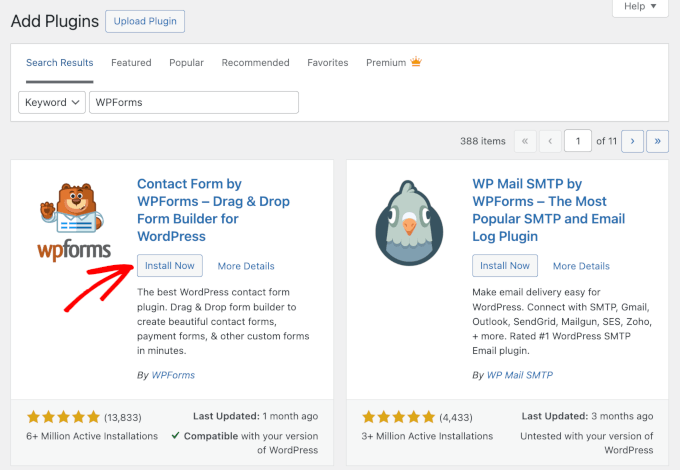 wordpress-plugins-addnewplugin-wpforms-installnow Die Schaltfläche Jetzt installieren im WPForms-Suchergebnis beim Hinzufügen eines neuen Plugins in WordPress