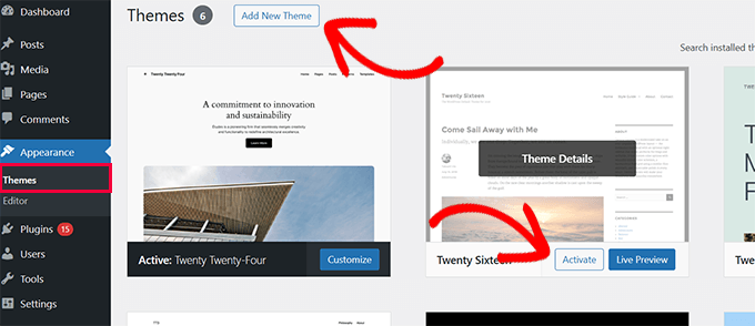 Change your WordPress theme Activate or install default theme