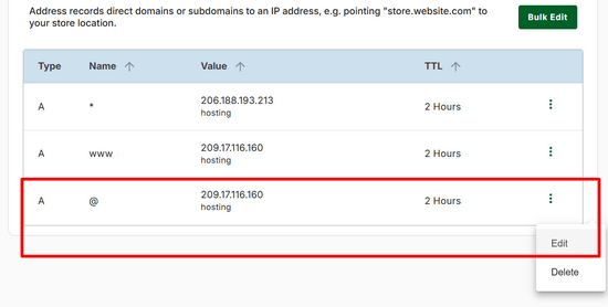 Changing A record settings Changing A record settings