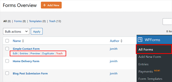 Click the Edit link to open the form in the WPForms visual builder Click the Edit link to open the form in the WPForms visual builder