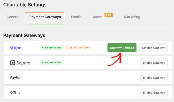 In WP Charitable, Click the Stripe 'Gateway Settings' Button In WP Charitable, Click the Stripe 'Gateway Settings' Button