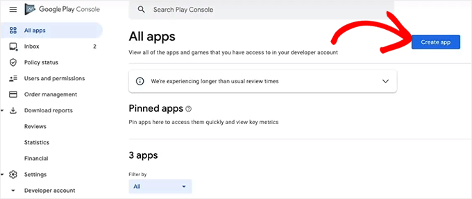 Click the Create App button in Google Play Console Click the Create App button in Google Play Console