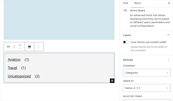 Terms Query Block Terms Query block showing categories