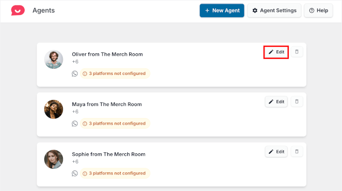 The Edit button for an agent in WPChat The Edit button for an agent in WPChat