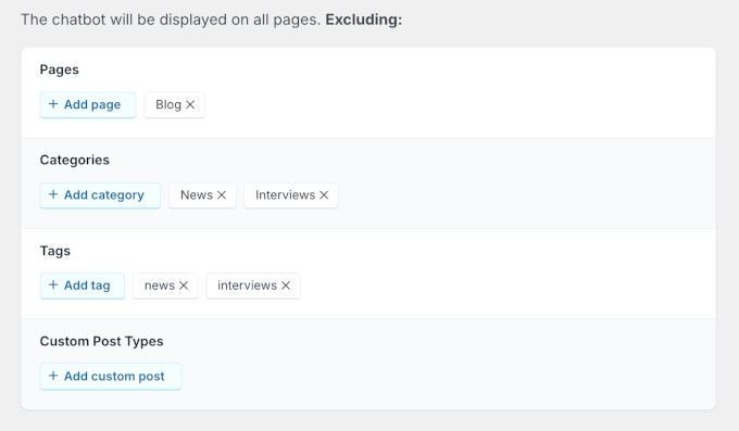 Adding pages, categories, tags, and custom post types to exclude Adding pages, categories, tags, and custom post types to exclude