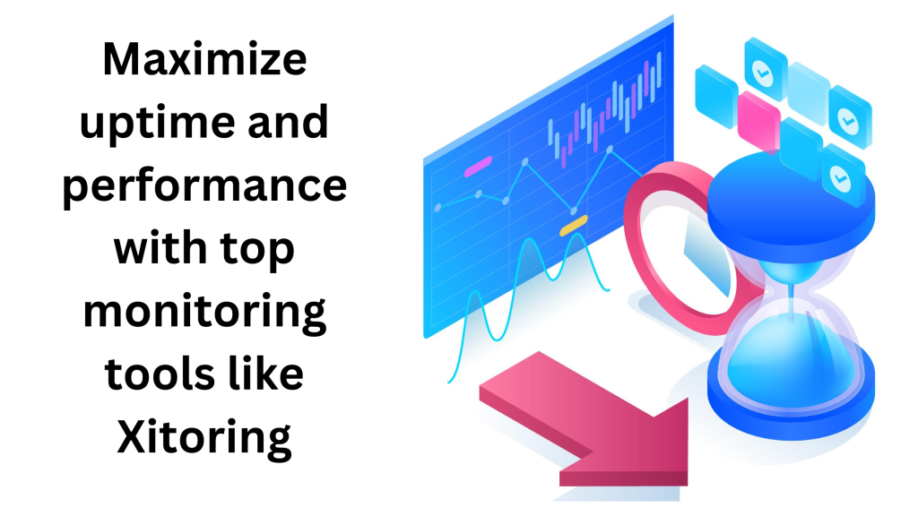 Illustration of performance metrics and an hourglass representing uptime monitoring tools like Xitoring
