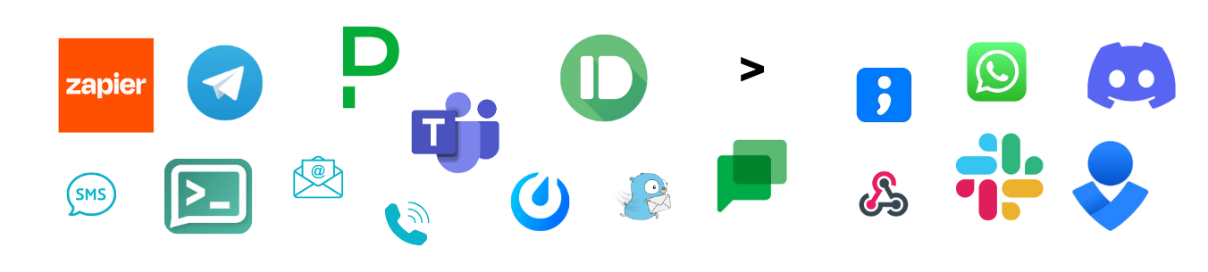 Flexible Notification Integrations with Xitoring Icons representing Xitoring's notification integration options, including Zapier, Telegram, PagerDuty, Microsoft Teams, Pushbullet, WhatsApp, Discord, Slack, email, SMS, and more.