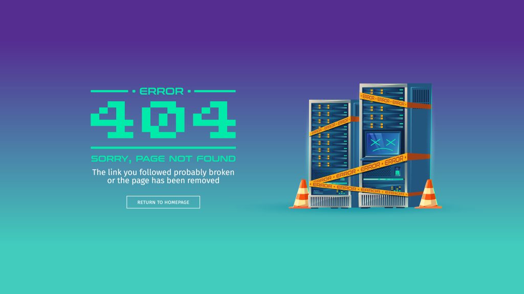 Un'illustrazione di una pagina di errore 404 con un server rotto avvolto in un nastro di errore, che rappresenta una situazione di server inattivo.