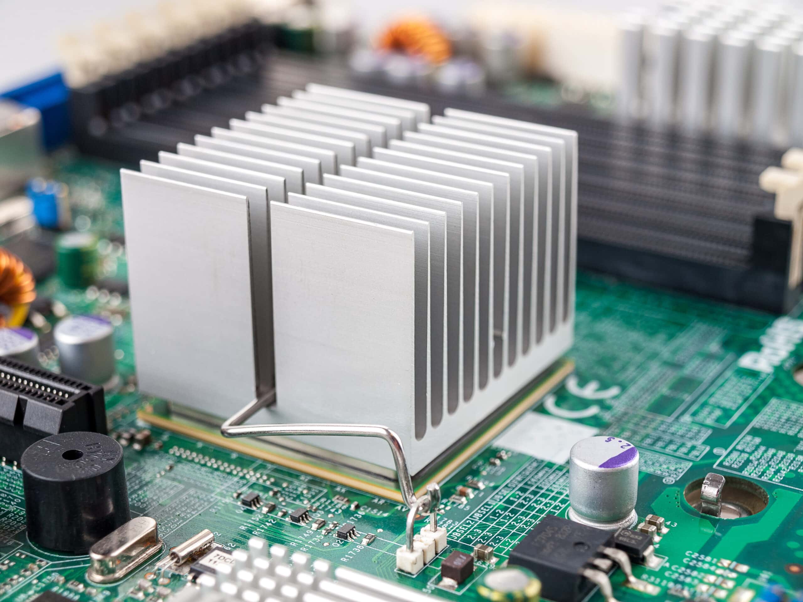 Aluminum heat sink installed on a computer circuit board for cooling chips