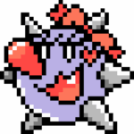 Pixel art of Tap-Tap The Princess, a lavender purple spikeball with silver colored spikes, a pink bow, a pink heart "blush sticker", and a wide grinning face with a cat like lip and single visible fan. Her nose is oblong, red, and has a shiny on it's tip Art by Bluey Loius